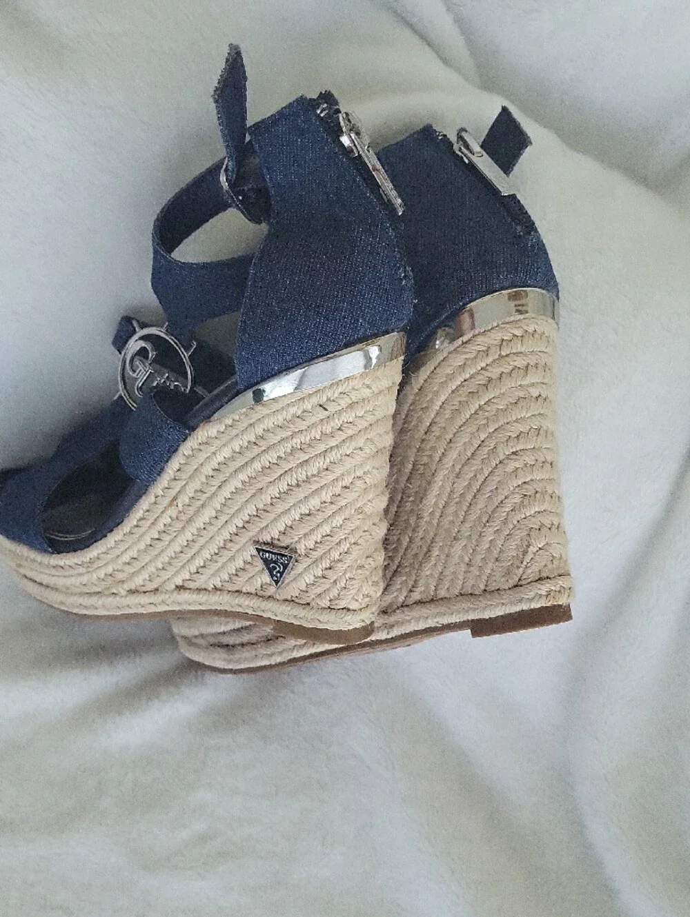GUESS Navy Espadrille T-Strap Wedge Sandals with Silver Logo SIZE 7